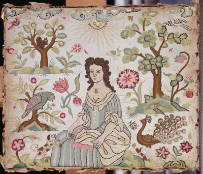 描绘花园中一位女士的刺绣面板，约 1700 年（丝绸） 作者 英语学校