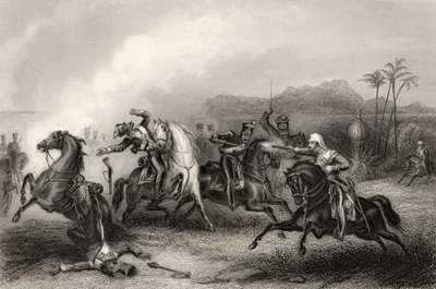 1858年出版的“印第安叛变的历史”中遇到了中尉山和Sepoy骑兵的尸体 作者 英语学校