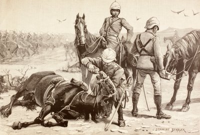 19 世纪 80 年代苏丹马赫迪战争期间英国骑兵在给马匹喂水（石版画） 作者 英语学校