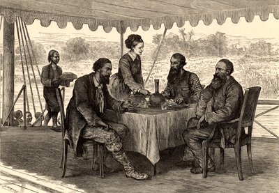 英国探险家约翰-汉宁-斯皮克（1827-1864 年）和詹姆斯-奥古斯都-格兰特（1827-1892 年）在探险结束后在苏丹南部的贡多科罗与塞缪尔（1821-1893 年）和佛罗伦萨（1841-1916 年）-贝克相遇（雕刻） 作者 英语学校