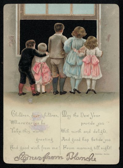 兴奋的孩子们望着窗外，新年贺卡。 （色光） 作者 英语学校