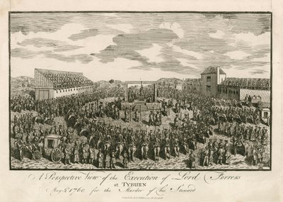 1760 年 5 月 5 日，费勒斯勋爵因谋杀管家而在泰伯恩被处决（雕刻） 作者 英语学校