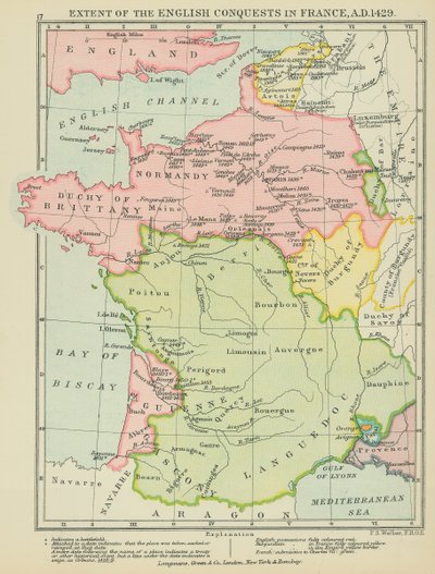 英国在法国的征服范围，公元 1429 年（彩色石版画） 作者 英语学校