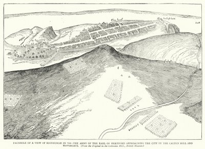 1544 年爱丁堡风景图的传真件，赫特福德伯爵的军队从卡尔顿山和水门接近爱丁堡城（雕刻） 作者 英语学校