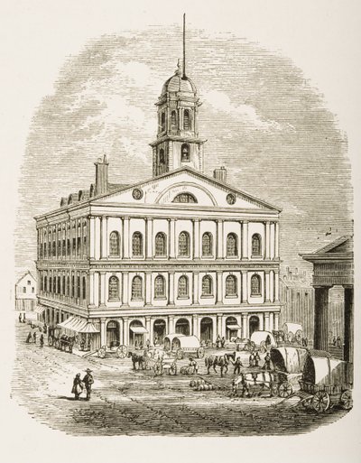1870年，波士顿法尼尔厅（Faneuil Hall）出自1876年由宗教信仰学会出版的“美国图片” 作者 英语学校