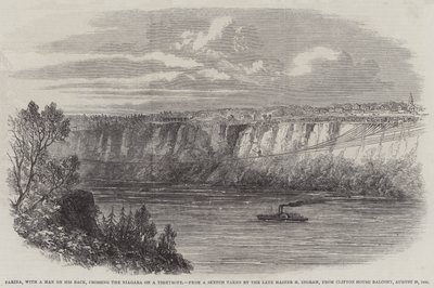 Farina 背着一个男人，用钢丝穿过尼亚加拉河，来自克利夫顿住宅的阳台，1860 年 8 月 29 日（版画） 作者 英语学校