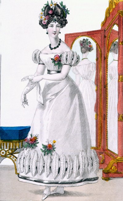 穿着晚礼服的女士的时装板，来自《巴黎风格》的广告，约1825年（彩色雕刻）（100997的细节）。 作者 英语学校
