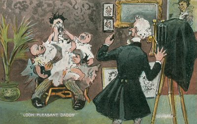 父亲与膝上两个尖叫的婴儿合影（彩色石版画） 作者 英语学校