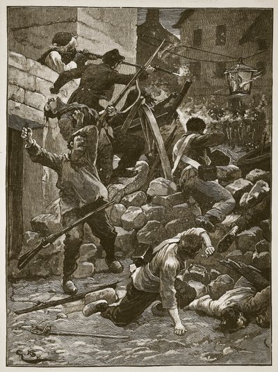 在巴黎的街垒战斗，插图来自卡塞尔斯画报英国历史（棕褐色照片） 作者 英语学校