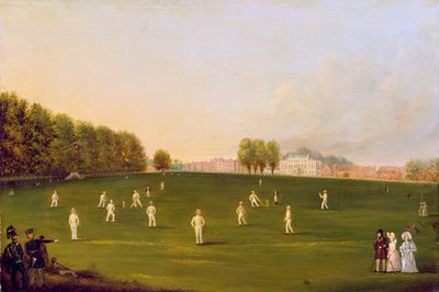 1836年8月3日，1836年8月3日，皇家业余协会成员在Hampton Court Green举行的第一场板球大赛 作者 英语学校