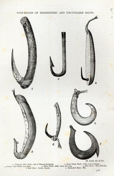史前和不文明种族的鱼钩，来自&39;休闲时刻&39;，1888年（雕刻） 作者 English School