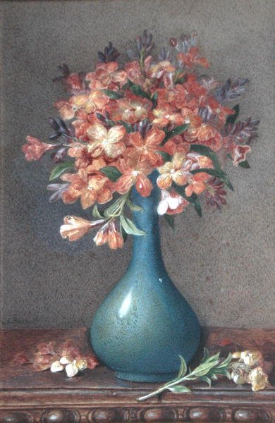 蓝色花瓶中的花朵，约1870年（纸上水彩）。 作者 英语学校