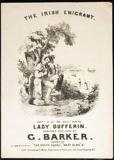 爱尔兰移民乐谱的封面，由Lady Dufferin编写，由G. Barker创作 作者 英语学校