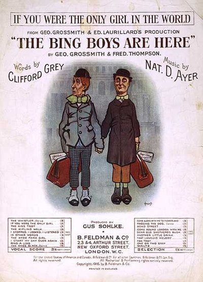 The Bing Boys are Here》乐谱的封面，作者是Geo Grossmith和Fred Thompson，歌词是Clifford Grey，音乐是Nat D. Ayer（彩色平印）。 作者 英语学校