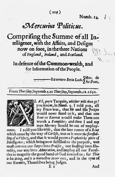 首页，来自Mercurius Politicus，捍卫英联邦和人民信息，1650年 作者 英语学校