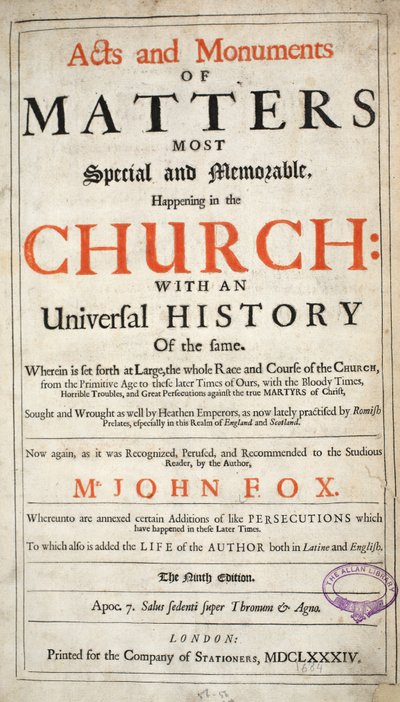 来自约翰福克斯的使徒行传和纪念碑的第九版，酒吧。 1684 作者 英语学校