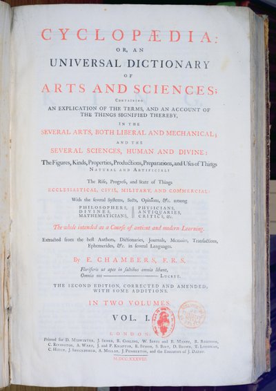 百科全书的主题：通用艺术与科学词典，卷。我，伦敦的Ephraim Chambers，1738年（印刷纸） 作者 英语学校