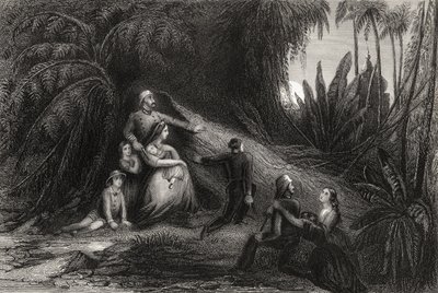 1858年出版的“印度叛变史”中的逃亡者和他们的家人隐瞒自己的紫色 作者 英语学校