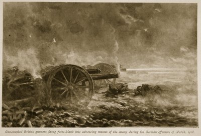 1918年3月1918年德国进攻期间，气体蒙面的英国枪手向前进的敌人开火 作者 英语学校
