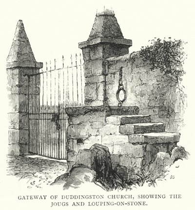 Duddingston教堂的大门，显示了Jougs和Louping-on-Stone（雕刻）。 作者 英语学校