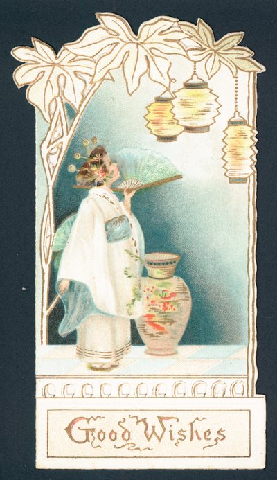 艺伎女孩看着灯笼，圣诞贺卡（chromolitho） 作者 英语学校