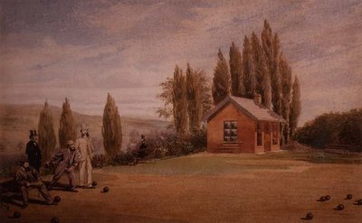 绅士们在玩草地碗，约1880年（纸上水彩画） 作者 英语学校