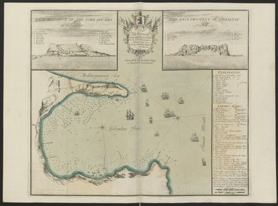 直布罗陀海湾（G. Hill 的西面和东面），C. Price 作，约 1730 年（彩色石版画） 作者 英语学校