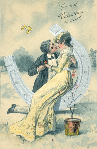 Girl and boy, about to kiss, while sitting on a large horse shoe (colour litho) 作者 英语学校