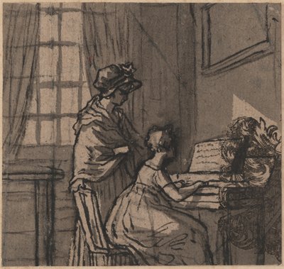 一个击弦古钢琴的女孩，c.1800（纸和笔在纸上洗） 作者 英语学校