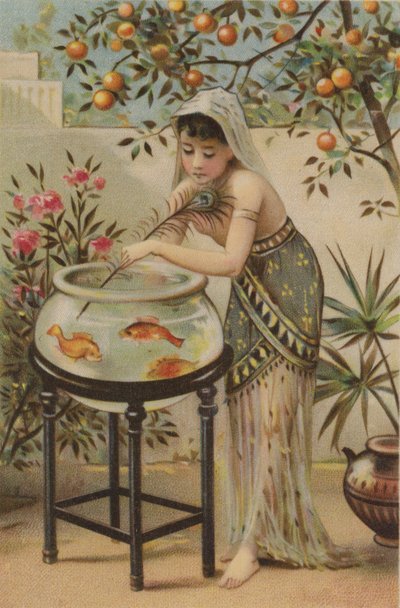 用孔雀羽毛戏弄金鱼的女孩（丝绸上的彩色印刷） 作者 英语学校
