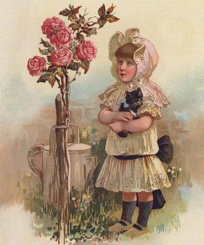 带着一只猫和一棵玫瑰树的女孩 (chromolitho) 作者 英语学校