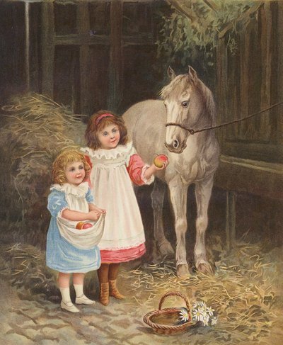 女孩给宠物马喂苹果 (chromolitho) 作者 英语学校