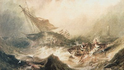 1838 年 9 月 7 日，格蕾丝·达林 (Grace Darling) 和她的父亲划船营救在诺森伯兰 (Northumberland) 海岸失事的 Forfarshire（纸上水彩） 作者 英语学校
