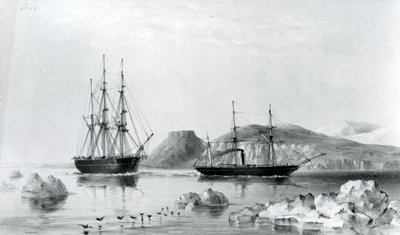 1853年，HMS援助号拖着先锋号经过北威灵顿海峡的约翰-哈罗山（石版画）。 作者 英语学校