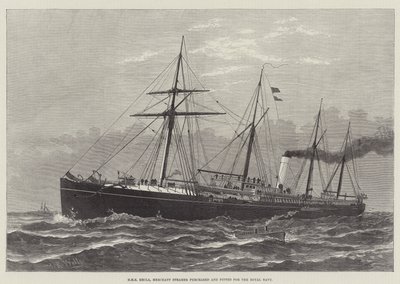 HMS Hecla，为皇家海军购买和装配的商船（雕刻）。 作者 英语学校