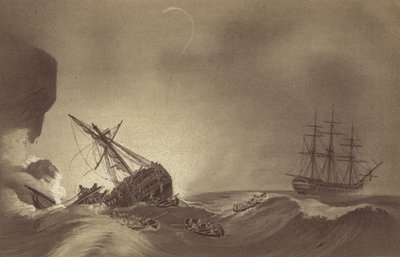 HMS Impetueux，由 Thomas Byam Martin 船长指挥，营救在 J Hunter 船长指挥下的 HMS Venerable 船员，该船员于 1804 年 11 月 24 日在德文郡托贝失事（石版画） 作者 英语学校