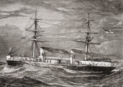 英国皇家海军的HMS Inflexible，Invincible Class Battlecruiser，1885年儿童特别服务团出版的“我们自己的杂志”插图 作者 英语学校