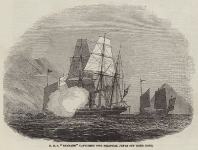 英国皇家海军 "雷纳德 "号在香港附近捕获两艘海盗船（雕版画）。 作者 英语学校