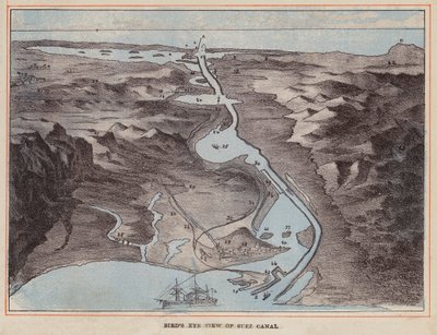 HM 印度兵舰：苏伊士运河鸟瞰图（彩色版画） 作者 英语学校