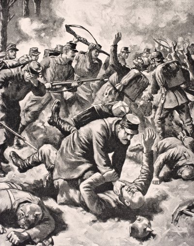 1916年在伦敦出版的“The War Illustrated deLuxe”中，德国和西方士兵之间的交战 作者 英语学校