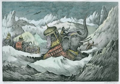 汉尼拔（公元前247-c.183）和他的战争大象穿越阿尔卑斯山（后来的着色） 作者 English School
