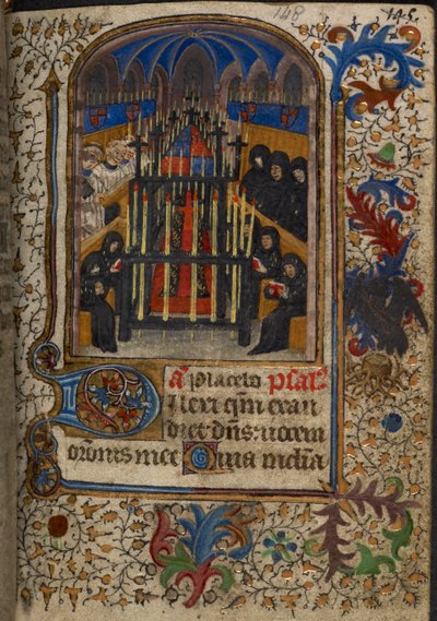 Harley 1251，fol.148 贝德福德公爵约翰的臂章覆盖着棺材的葬礼仪式，出自《埃莉诺-伍斯特的时间》，约 1430-1440（牛皮纸）。 作者 英语学校
