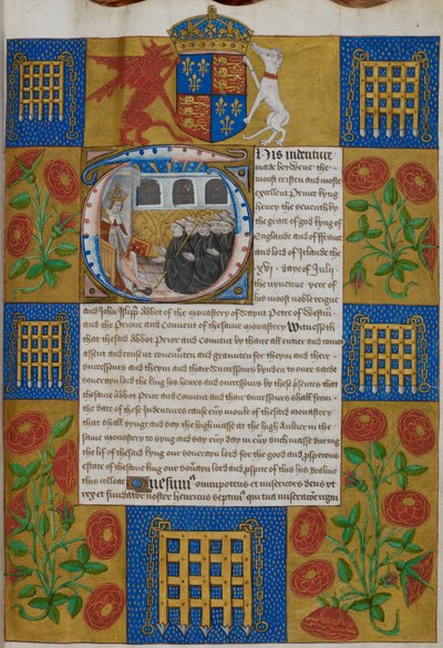 哈雷 1498，f.1 亨利七世向威斯敏斯特修道院院长约翰-伊斯利普递交契约，威斯敏斯特修道院契约（牛皮纸） 作者 English School