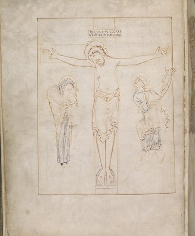 哈雷 2904，f.3v，《受难》；圣母和圣约翰在卷轴上题写证词，选自《拉姆齐诗篇》，约 900-1000 年（牛皮纸） 作者 英语学校