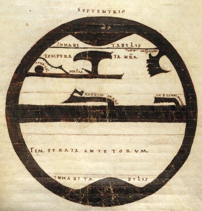 哈雷 MS 2772 f. 70v，示意性分区世界地图，约 1050 年（羊皮纸上的墨水和蛋彩画） 作者 英语学校