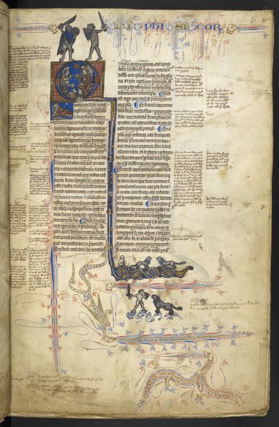 哈雷 MS3487，f.4r 亚里士多德《物理学》，选自 "Libri naturales"（羊皮纸上的墨水、金色和彩色）。 作者 英语学校