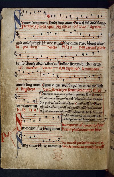 哈雷 MS 978 f.11v 《音乐杂录》，选自《诗歌集，包括寓言、音乐、历法和医学文本》（牛皮纸上的墨水和彩色）。 作者 英语学校
