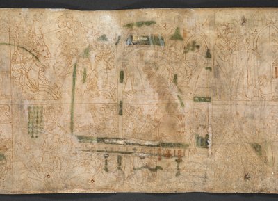 哈雷卷 Y 6，圆顶画 16v，圆顶画 14-18 的背面是一系列 14 世纪的图画，分两卷，内容是《撒母耳记上》第 1-4 章中的场景，选自 1175-1215 年的 "古斯拉克生平"（"古斯拉克卷"，或 Vita Sancti Guthlaci）。 作者 英语学校