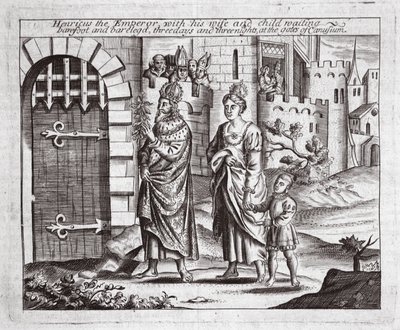 Henricus the Emperor与他的妻子和孩子在Canusuam的门口等待，赤脚和裸露的，三天三夜，约翰福克斯的使徒行传和纪念碑插图，第九版， 作者 英语学校