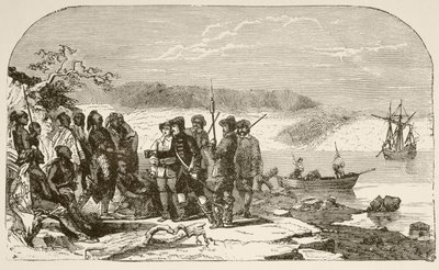 1609 年，亨利-哈德逊向印第安人敬酒（石版画） 作者 英语学校